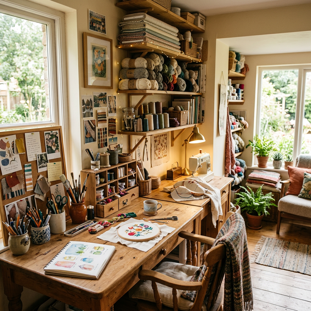 Sunlit home textile studio with yarn, fabric, sewing supplies, and embroidery projects