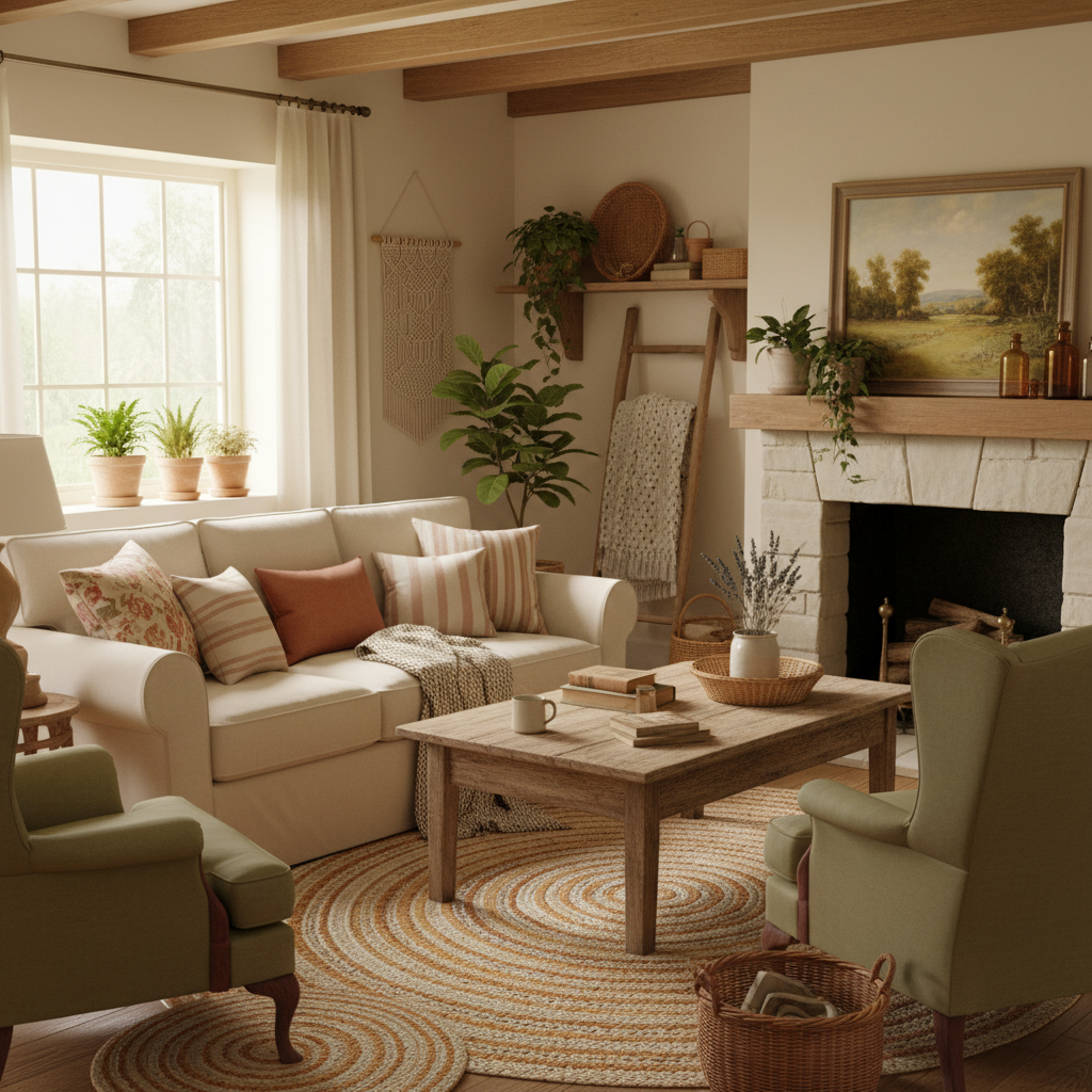A cozy warm farmhouse home interior with vintage furniture, soft natural light, plants, and handcrafted decor