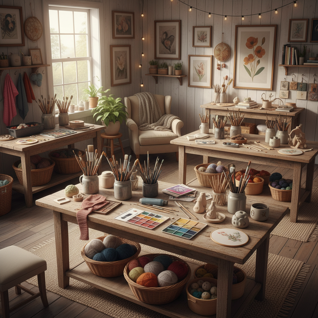 A cozy art and craft studio with wooden tables, art supplies, paintbrushes, watercolor palettes, fabric and yarn