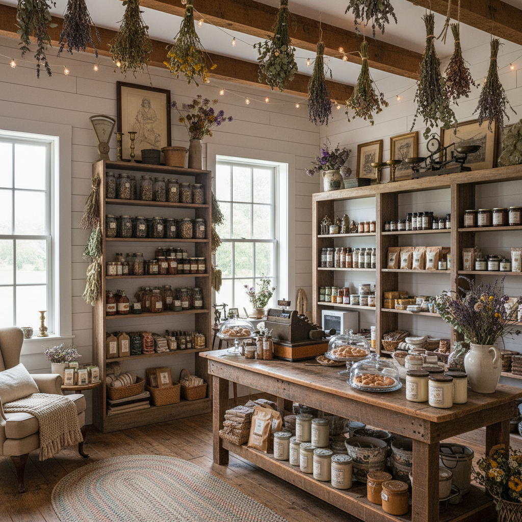 A charming rustic farmhouse store interior with wooden shelves, handmade goods, mason jars, dried flowers, and vintage items