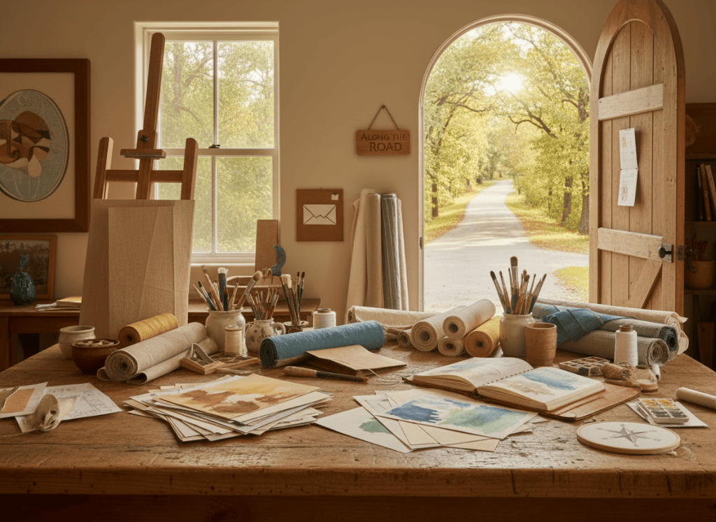 Keep the same warm editorial scene: a cozy craft studio with handmade materials and an open view toward a sunlit country road or wooded path. Remove the distracting square or block-like visual artifact completely. Preserve the inviting, personal, creative atmosphere and natural country palette. Do not add any geometric square, frame, sign, or stray object.