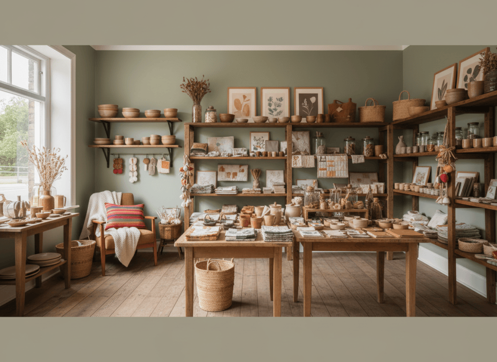 A warm, inviting interior of a small vintage studio shop inspired by a handmade creative business. Show wooden shelves and simple display tables filled with a variety of handmade products such as pottery, sewn fabric goods, woven baskets, art prints, candles, jars, notebooks, and small crafts. Include cozy studio details like soft natural window light, aged wood, muted sage, cream, terracotta, and warm brown tones. Make it feel personal, authentic, welcoming, and gently rustic, with no people, no visible brand names, no readable text, no signs, and no empty storefront exterior. Compose it as a landscape featured image with clear visual depth and tasteful space for a page title overlay.