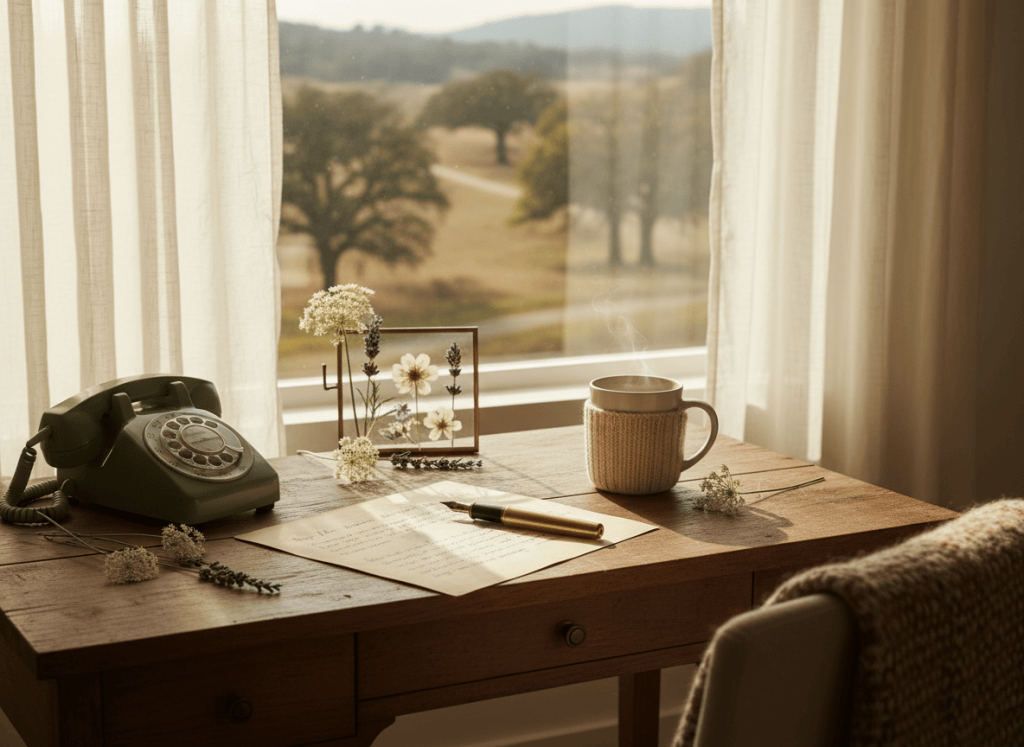 A warm, welcoming editorial-style featured image for a Contact Old Buckeye Road page: a rustic writing desk near a sunny window, handwritten letter, fountain pen, small vintage telephone, pressed flowers, and subtle countryside details. Cozy handmade studio aesthetic, soft natural light, muted cream, sage, and warm brown tones, inviting and personal, no visible words, letters, logos, or text.