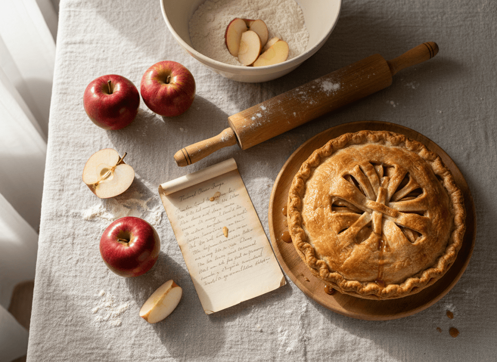 A warm, nostalgic editorial food photograph for a recipe page titled “From the Old Buckeye Road Kitchen”: a rustic farmhouse kitchen table with a linen cloth, handwritten recipe card, wooden rolling pin, ceramic mixing bowl, fresh apples, flour, and a freshly baked homemade pie. Vintage countryside charm, soft natural window light, earthy cream, warm brown, and muted red tones, inviting and authentic, no text or lettering in the image.