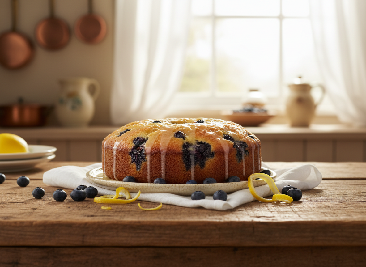 A warm, inviting editorial food photograph of a homemade lemon blueberry tea cake on a rustic farmhouse table, golden cake with visible blueberries and a light lemon glaze, a few fresh blueberries and lemon slices nearby, soft natural window light, nostalgic country kitchen atmosphere, no text, no people.