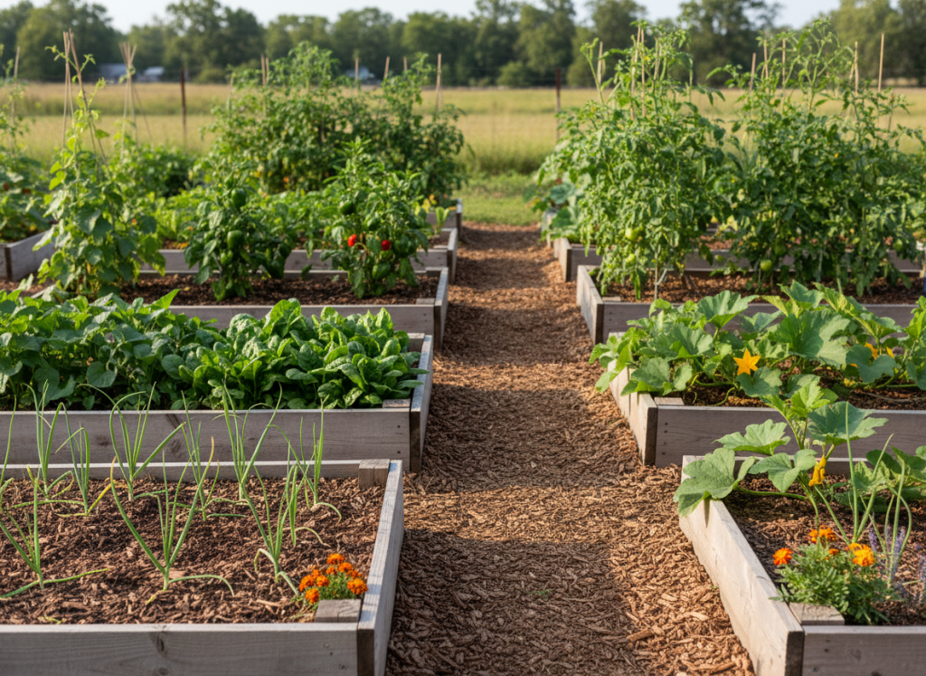 A simple, realistic kitchen garden viewed at garden level: several neat raised garden boxes filled with dark rich soil and a plain brown mulch path between them. The boxes contain clearly visible garlic, onions, spinach, bell peppers, tomato plants, green beans, eggplant, and summer squash, with only a few modest flowers at the edges. Natural daylight, authentic backyard garden, understated and practical, no people, no buildings, no text, photorealistic, calm rural homestead feeling.