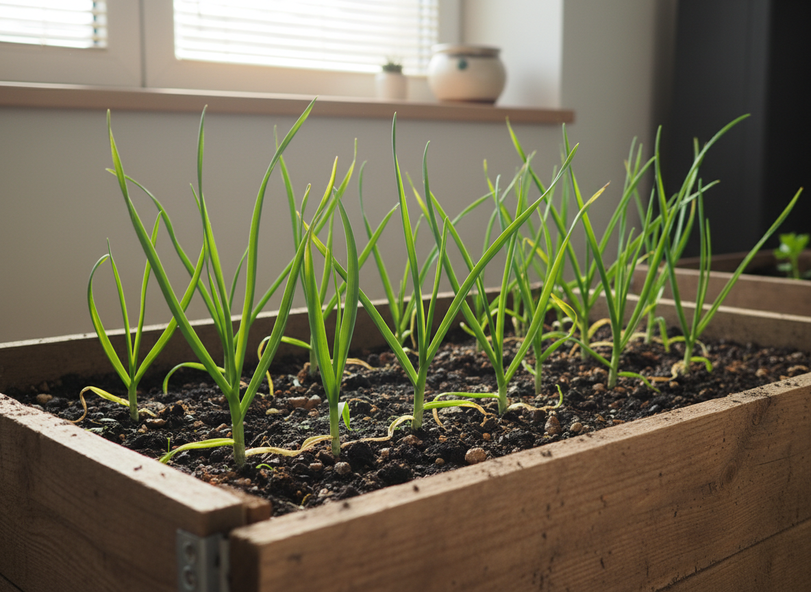 Garlic growing in garden