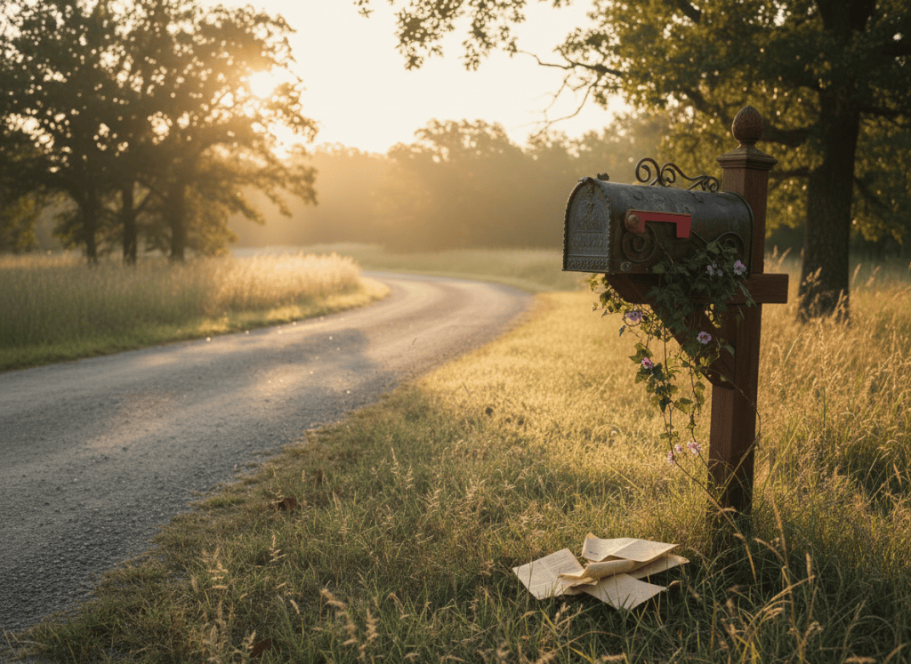 Keep the existing OBR Newsletters featured image composition, mood, background, lighting, and overall style, but replace the current mailbox with a different attractive rural mailbox. Make the new mailbox clearly distinct from the original while fitting naturally into the same scene. Do not add text, logos, or people.