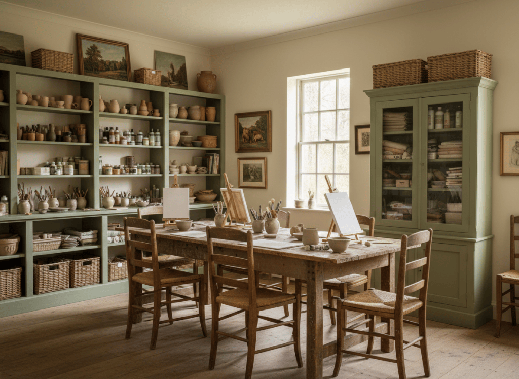 A warm vintage farmhouse art studio arranged like a welcoming classroom. A long rustic worktable runs lengthwise down the middle of the room, surrounded by several simple wooden chairs. Sage green shelves and a large sage green cabinet line the walls, filled with pottery, clay tools, paint jars, brushes, baskets, and handmade craft supplies. A farmhouse window lets in soft natural light. Include blank canvases ready for students, landscape and pet artwork subtly displayed, cozy aged wood, cream walls, and an inviting hands-on creative atmosphere. Editorial interior photograph, landscape composition, no people, no text.
